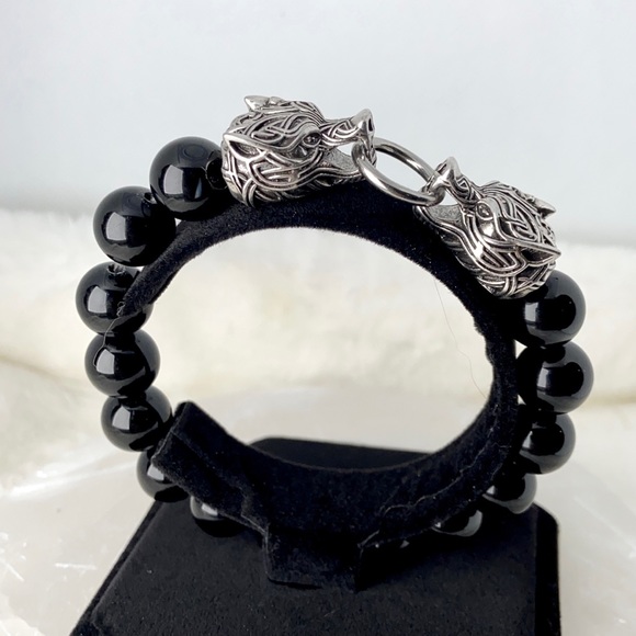 Men or women Rocker viking stainless steel tribal wolfs heads & genuine onyx - Picture 11 of 16